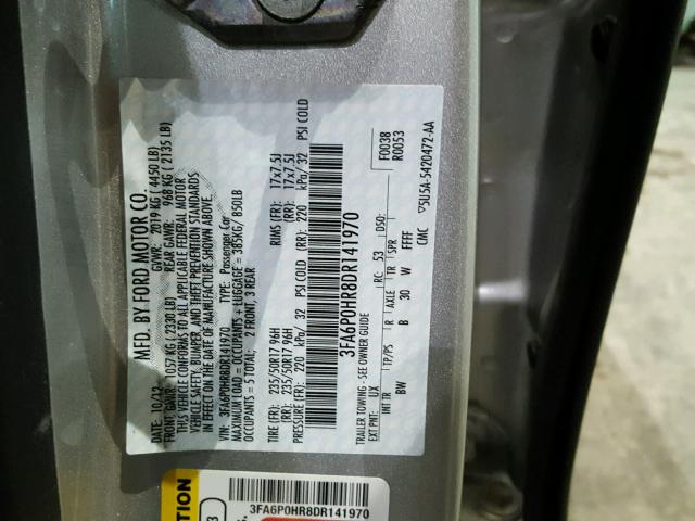 3FA6P0HR8DR141970 - 2013 FORD FUSION SE SILVER photo 10