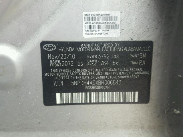 5NPDH4AEXBH006843 - 2011 HYUNDAI ELANTRA GL SILVER photo 10