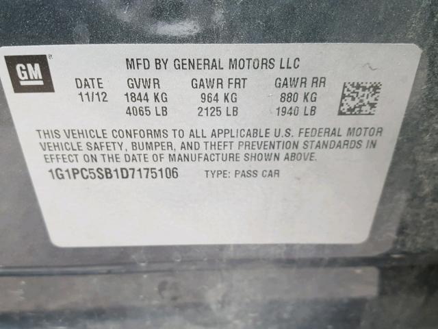 1G1PC5SB1D7175106 - 2013 CHEVROLET CRUZE LT GRAY photo 10