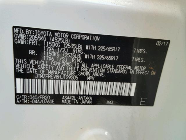 JTMZFREV8HJ129205 - 2017 TOYOTA RAV4 LE WHITE photo 10