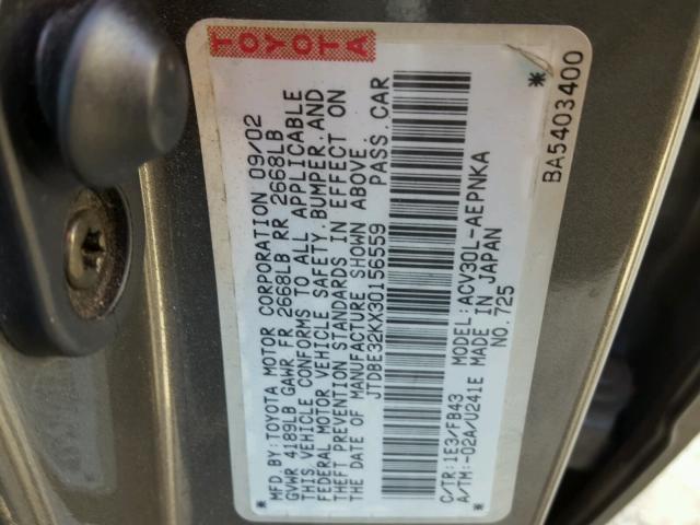 JTDBE32KX30156559 - 2003 TOYOTA CAMRY LE GRAY photo 10