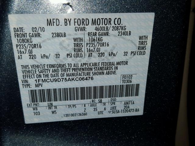 1FMCU9D75AKC06476 - 2010 FORD ESCAPE XLT TEAL photo 10