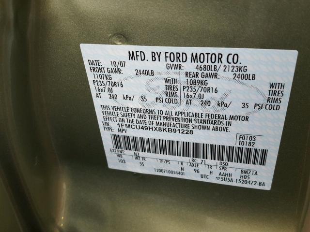 1FMCU49HX8KB91228 - 2008 FORD ESCAPE HEV GREEN photo 10