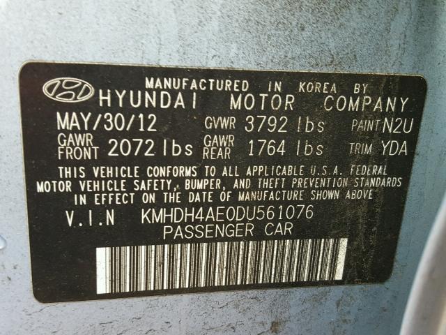 KMHDH4AE0DU561076 - 2013 HYUNDAI ELANTRA GL BLUE photo 10