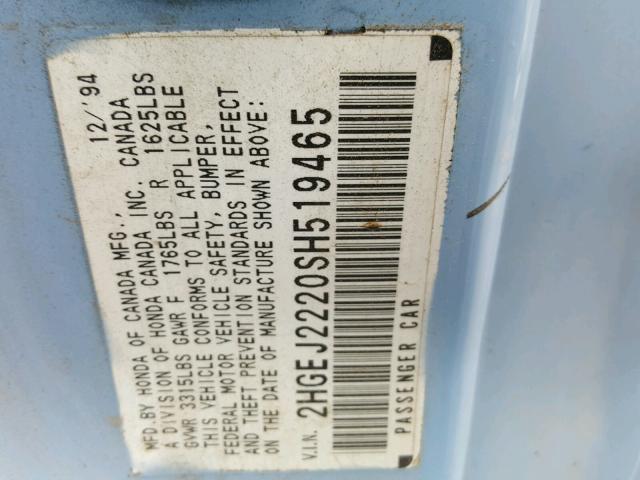 2HGEJ2220SH519465 - 1995 HONDA CIVIC DX BLUE photo 10