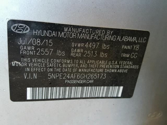 5NPE24AF6GH265173 - 2016 HYUNDAI SONATA SE SILVER photo 10