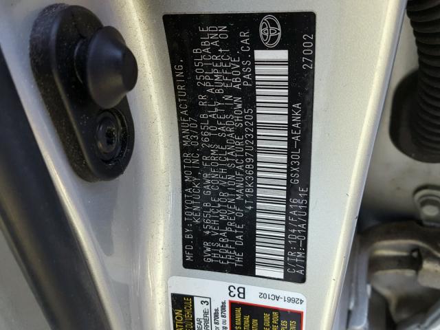 4T1BK36B97U232205 - 2007 TOYOTA AVALON XL SILVER photo 10