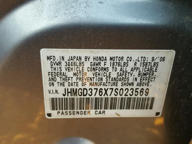 JHMGD376X7S023569 - 2007 HONDA FIT S SILVER photo 10