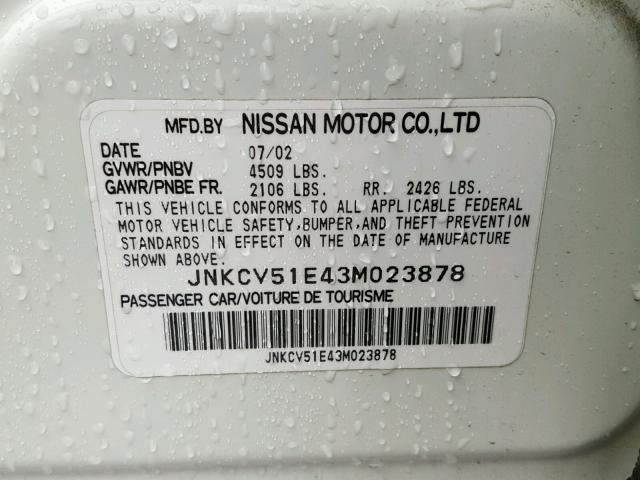 JNKCV51E43M023878 - 2003 INFINITI G35 WHITE photo 10