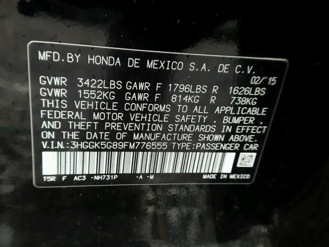 3HGGK5G89FM776555 - 2015 HONDA FIT EX BLACK photo 10