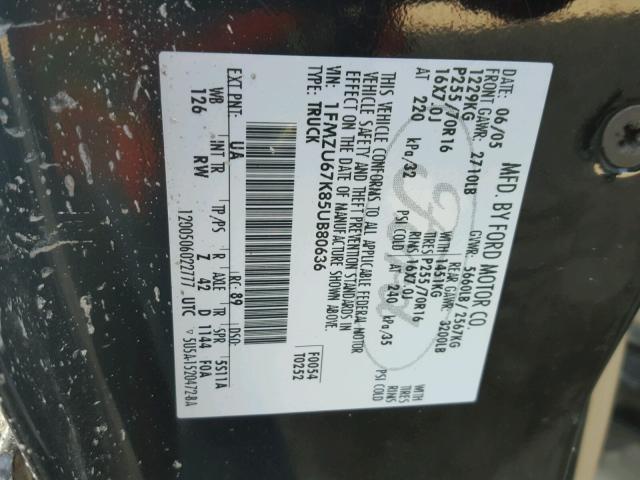 1FMZU67K85UB80636 - 2005 FORD EXPLORER S BLACK photo 10