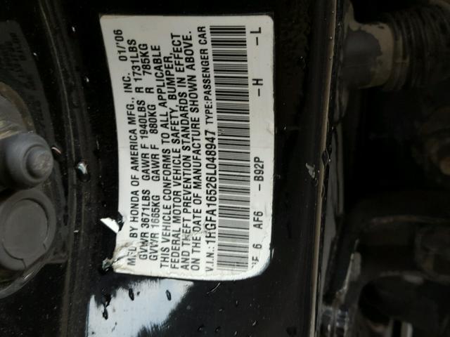 1HGFA16526L048947 - 2006 HONDA CIVIC LX BLACK photo 10