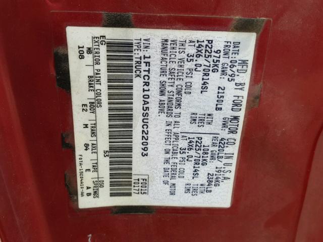 1FTCR10A5SUC22093 - 1995 FORD RANGER RED photo 10