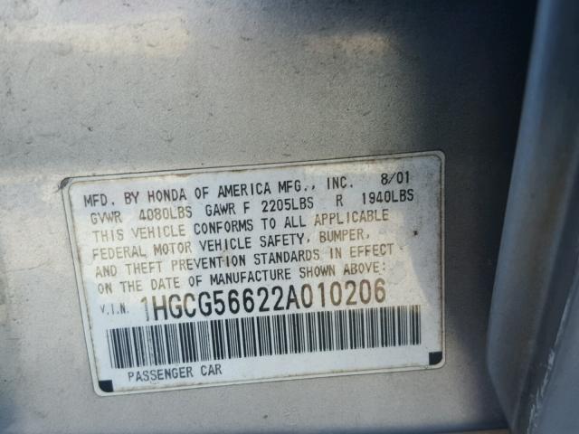 1HGCG56622A010206 - 2002 HONDA ACCORD EX SILVER photo 10