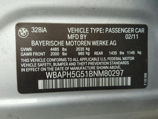 WBAPH5G51BNM80297 - 2011 BMW 328 I SULE SILVER photo 10