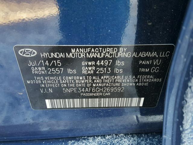 5NPE34AF6GH269592 - 2016 HYUNDAI SONATA SPO BLUE photo 10