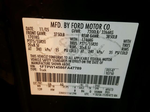 1FTPW14586FA47789 - 2006 FORD F150 SUPER BLACK photo 10