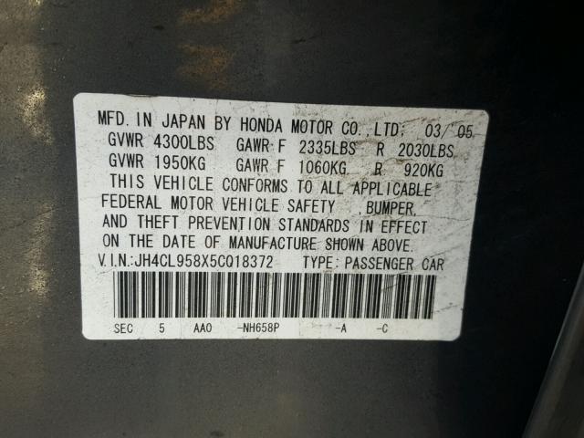 JH4CL958X5C018372 - 2005 ACURA TSX GRAY photo 10