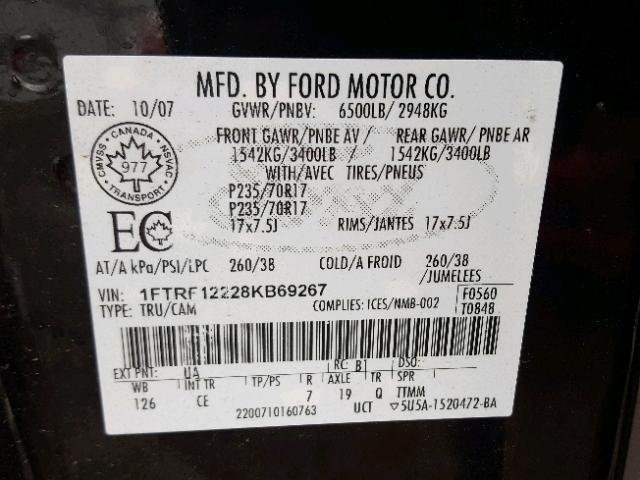 1FTRF12228KB69267 - 2008 FORD F150 BLACK photo 10