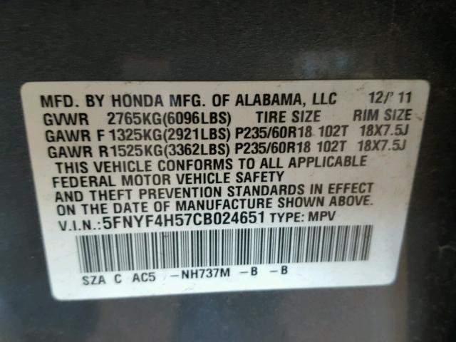 5FNYF4H57CB024651 - 2012 HONDA PILOT EXL GRAY photo 10