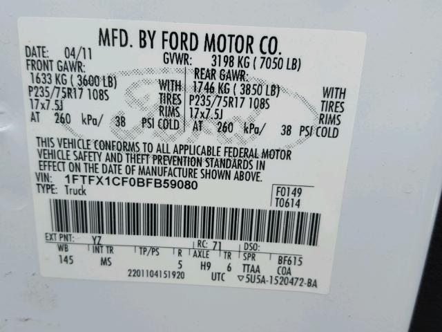 1FTFX1CF0BFB59080 - 2011 FORD F150 SUPER WHITE photo 10