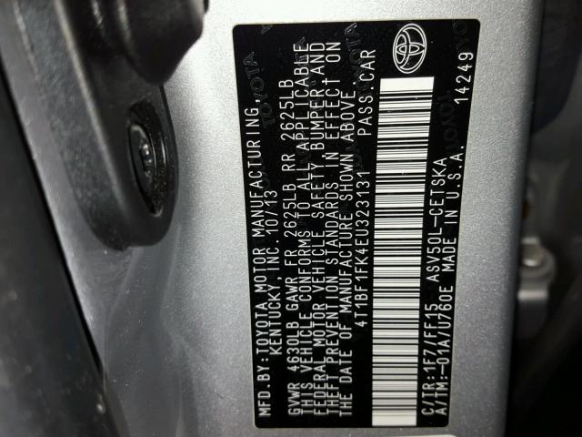 4T1BF1FK4EU323131 - 2014 TOYOTA CAMRY L SILVER photo 10