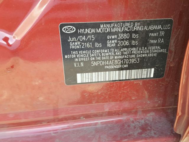 5NPDH4AE8GH703953 - 2016 HYUNDAI ELANTRA SE RED photo 10