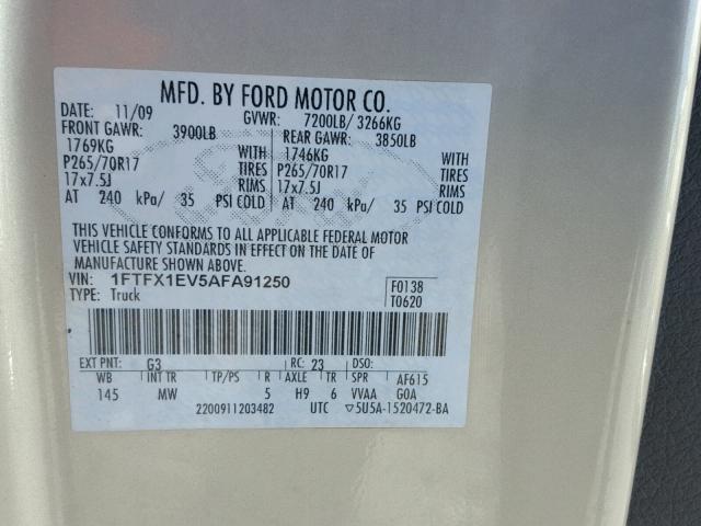 1FTFX1EV5AFA91250 - 2010 FORD F150 SUPER TAN photo 10