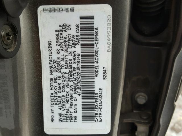 4T1BE32K22U578148 - 2002 TOYOTA CAMRY LE GRAY photo 10