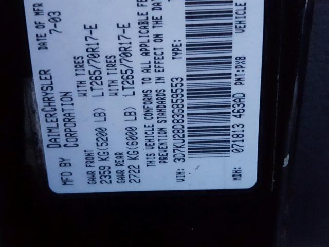 3D7KU28D83G859553 - 2003 DODGE RAM 2500 S BLACK photo 10
