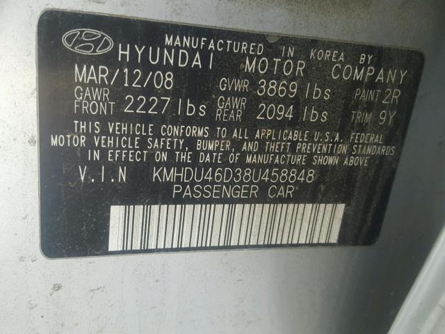 KMHDU46D38U458848 - 2008 HYUNDAI ELANTRA GL SILVER photo 10