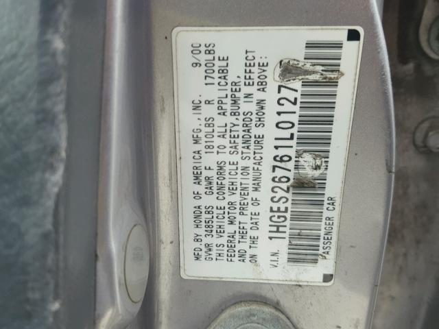 1HGES26761L012705 - 2001 HONDA CIVIC EX SILVER photo 10