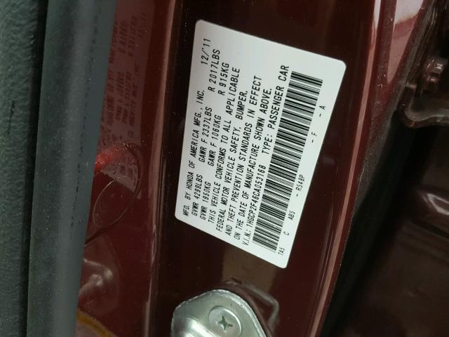 1HGCP2F46CA053168 - 2012 HONDA ACCORD LXP MAROON photo 10