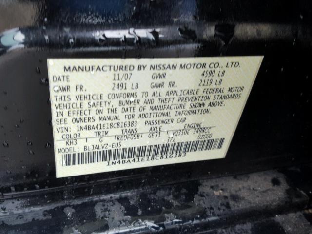 1N4BA41E18C816383 - 2008 NISSAN MAXIMA SE BLACK photo 10