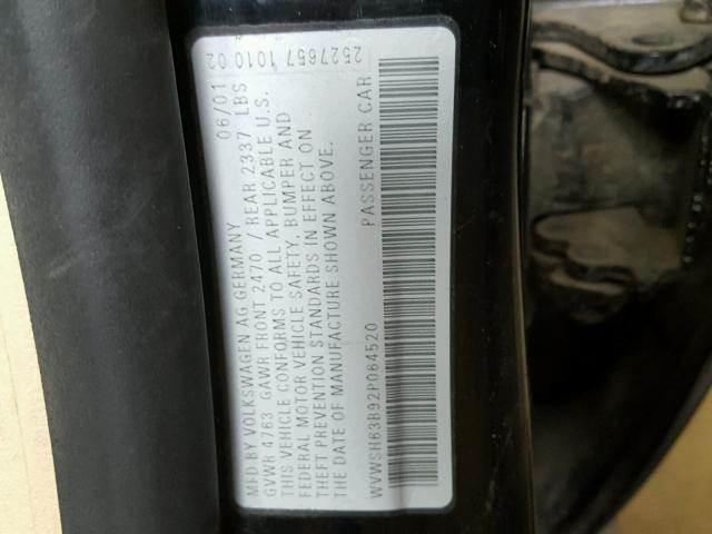 WVWSH63B92P064520 - 2002 VOLKSWAGEN PASSAT GLS BLACK photo 10