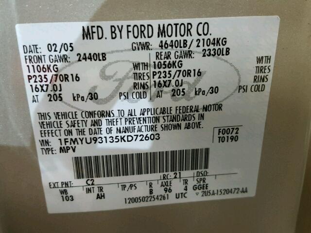 1FMYU93135KD72603 - 2005 FORD ESCAPE XLT GOLD photo 10