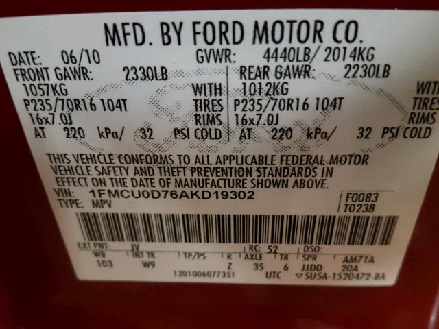 1FMCU0D76AKD19302 - 2010 FORD ESCAPE XLT RED photo 10