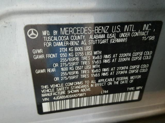 4JGAB54E6XA079871 - 1999 MERCEDES-BENZ ML 320 SILVER photo 10