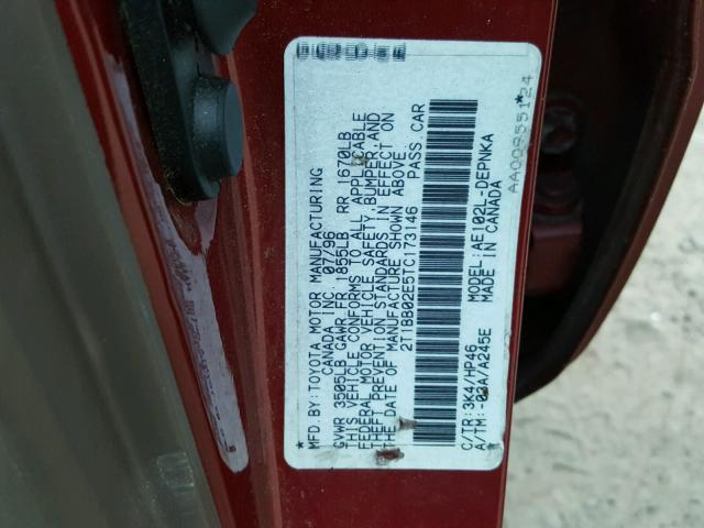 2T1BB02E5TC173146 - 1996 TOYOTA COROLLA DX RED photo 10