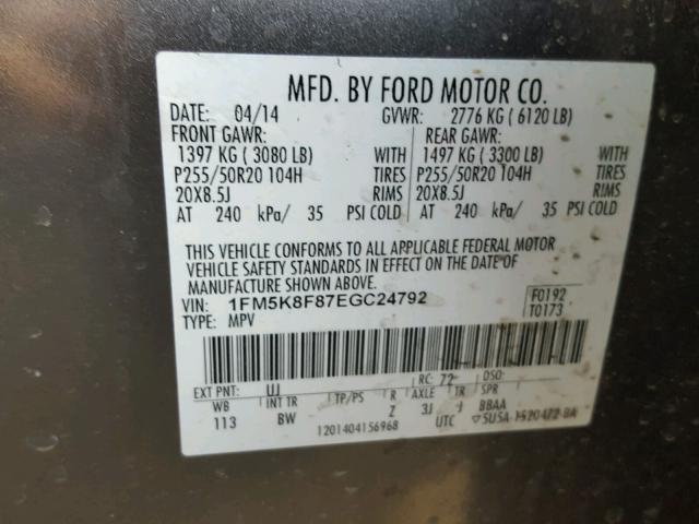 1FM5K8F87EGC24792 - 2014 FORD EXPLORER L CHARCOAL photo 10