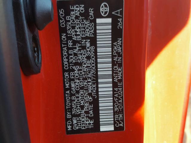 JTKDE177350050998 - 2005 TOYOTA SCION TC RED photo 10