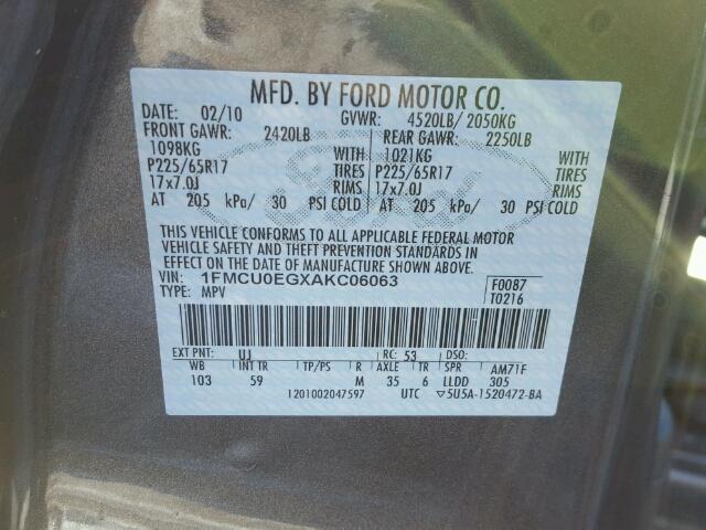 1FMCU0EGXAKC06063 - 2010 FORD ESCAPE LIM GRAY photo 10