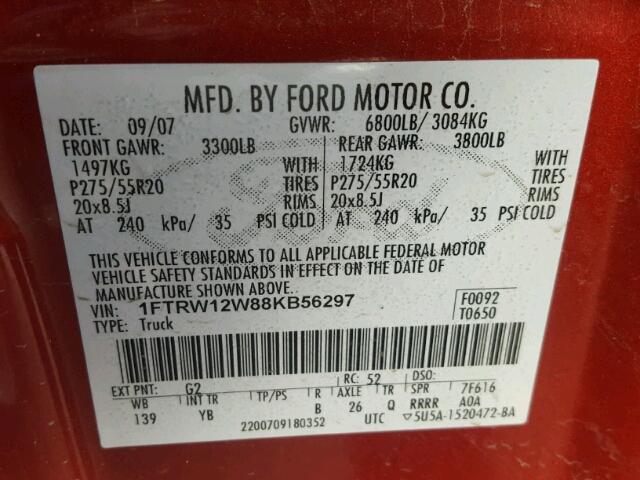 1FTRW12W88KB56297 - 2008 FORD F150 SUPER RED photo 10