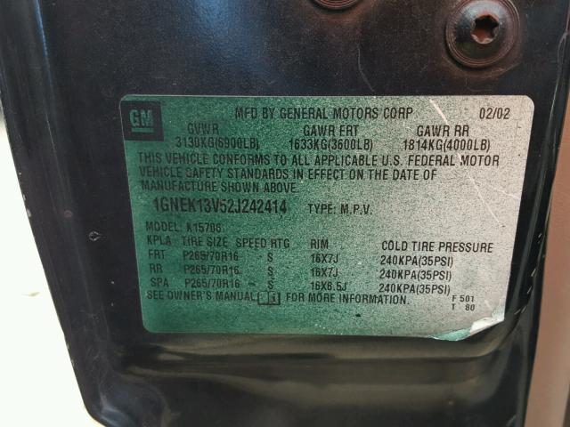 1GNEK13V52J242414 - 2002 CHEVROLET TAHOE K150 GREEN photo 10