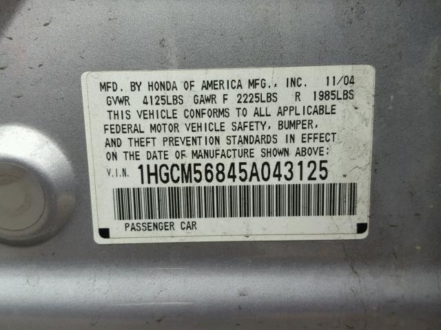 1HGCM56845A043125 - 2005 HONDA ACCORD EX SILVER photo 10