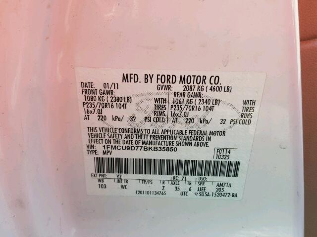 1FMCU9D77BKB35850 - 2011 FORD ESCAPE XLT WHITE photo 10