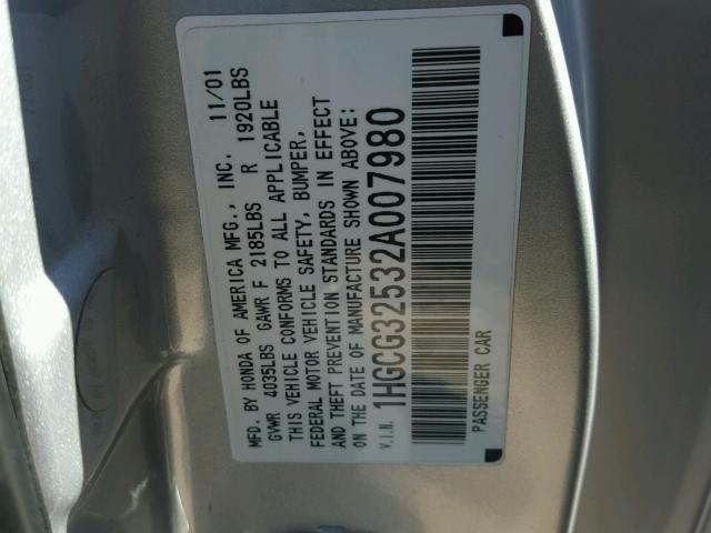 1HGCG32532A007980 - 2002 HONDA ACCORD EX SILVER photo 10