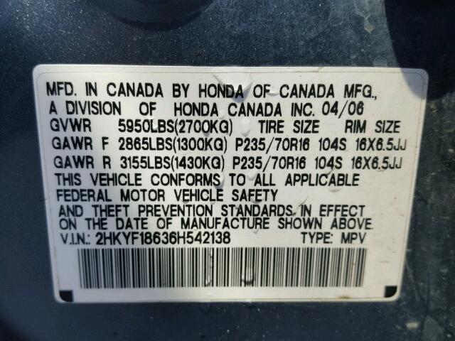 2HKYF18636H542138 - 2006 HONDA PILOT EX BLUE photo 10