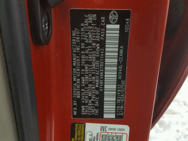 4T4BE46KX7R011442 - 2007 TOYOTA CAMRY NEW RED photo 10