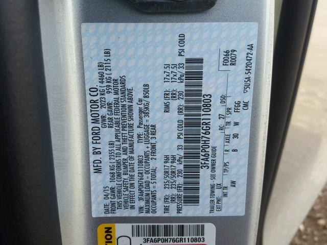 3FA6P0H76GR110803 - 2016 FORD FUSION SE SILVER photo 10